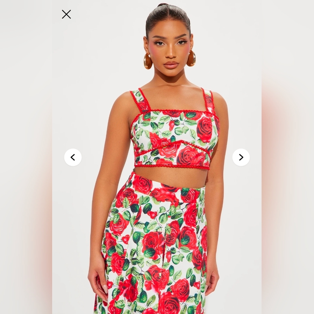 Fashion Nova Red and Green Floral Skirt Set